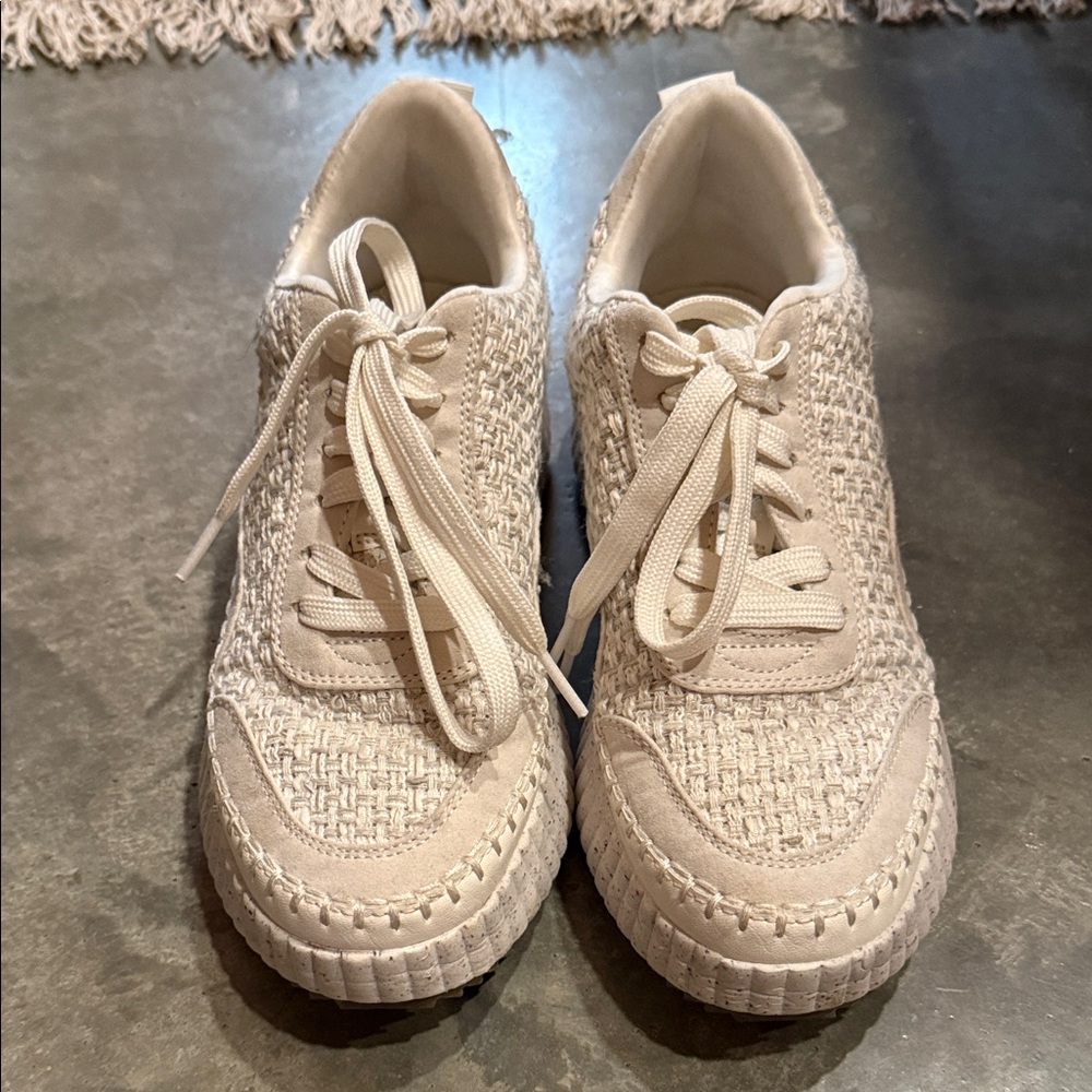 Woven Lace-Up Women’s Sneakers — Cream